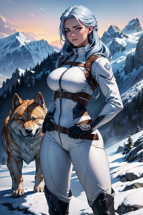 "An ultra-realistic 8k image of a young hunter in her early 20s with bright blue eyes and silver hair. She stands atop a steep mountain, dressed in a tight-fitting white and blue leather outfit that highlights her sculpted body and large breasts. ((She hol...