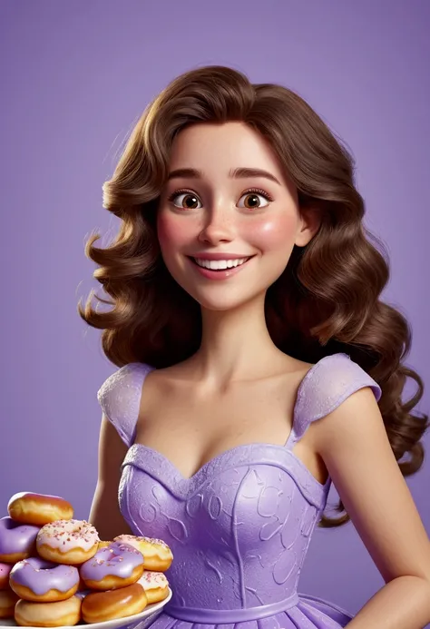 Pixar style image with 3D character white brunette woman with wavy hair wearing a lilac dress . and eating mini donuts, Disney makeup,, cute, smiling ,close up, pixar, Disney, Cinema lighting,