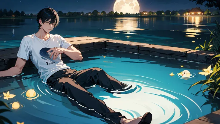 The moon reflected in the pool on a summer night。A fantastical scene with fireflies flying around in the moonlight。A handsome man with short black hair and wearing a T-shirt is gazing at the moon reflected in the water。He is smiling with a sad look on his ...