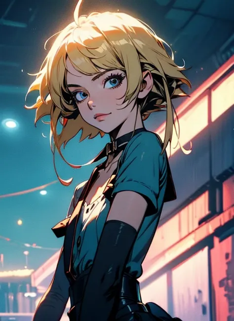 2d, Masterpiece, Best quality, Anime, Highly detailed face, Highly detailed eyes, Highly detailed background, Perfect lighting, Cowboy shot, 1girl, Single, Aki Rosenthal, Collar dress, Mini dress, Short sleeves, blue sweater, Black thighs, Detailed blonde ...