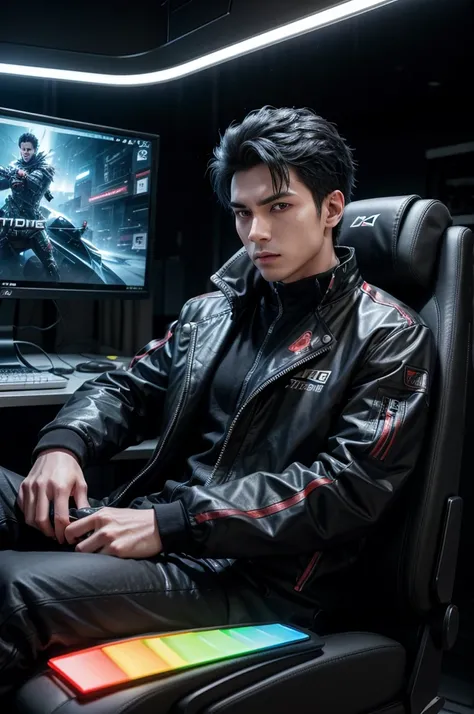 A man with spiky black hair, of western ethnicity, is sitting on a gaming chair. Hes looking forward, with a concentrated expression. No fundo, there are LED elements and RGB lights, creating a vibrant and futuristic environment. The gaming chair is ergono...