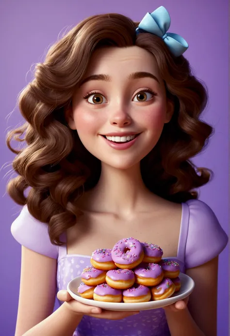 Pixar style image with 3D character white brunette woman wavy hair without a bow wearing a lilac dress . and eating mini donuts like you were with a friend, Disney makeup,, cute, smiling ,close up, pixar, Disney, Cinema lighting,