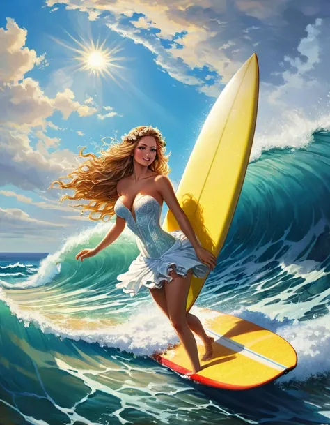 a portrait of a bride surfing the waves, on a sunny day in ocean, an exotic beautiful bride,   ((anatomically correct: 1.5)) ultra detailed face, dynamic hair color, dynamic hair style, dynamic skin complexion, (best detailed face: 1.5), busty wearing intr...