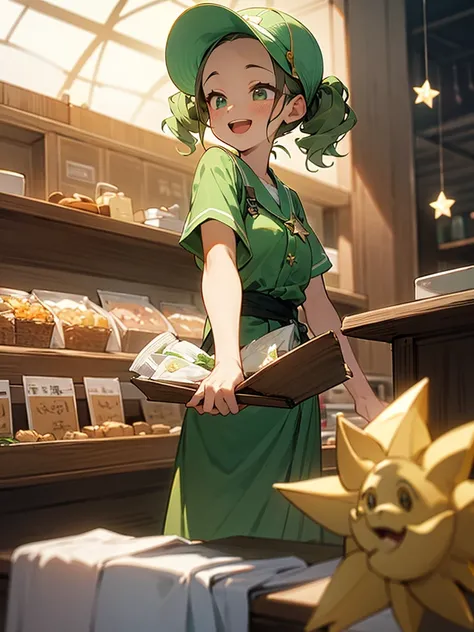 独奏,big forehead, sun visor, curly twintail,bionde,light green shop stuff cloth,smile,open mouth, ,menu counter,((I am the star))、