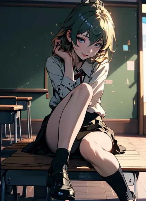 ((Masterpiece)), ((Best quality)), ((High accuracy)), ((خلفية CG Unity 8K مفصلة للغاية)), Single, tachibana kanade, black skirt, White socks, A little smile, classroom