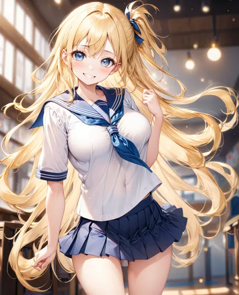 (Highest quality, 8k, 32K, masterpiece, Ultra-high resolution,:1.2),to be born, One Girl,So cute , School-like fantasy background, clear, Shining Eyes, Age 25 ,Fair skin, Girl , Slanted Eyes, , An innocent smile, Grin, Large Breasts,  Long Hair, Sailor sui...