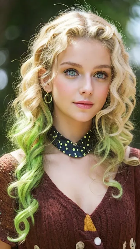 One India, blonde with curls, with green eyes and a spotted body
