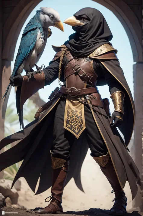 Aarakocra preto com roupas de monge de d&d