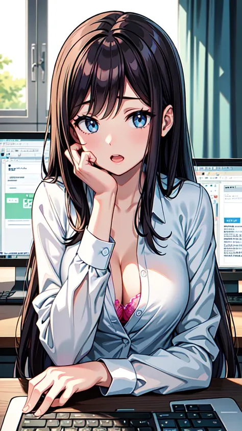 master piece , best quality , ultra detailed , woman , beautiful eyes , kawaii , cute , (sketch)1.5,(official art)1.4,(anime style)1.3,(breasts rest on computer table)1.4,(office lady)1.4,(computer office room)1.3, (open shirts)1.3,(Bra with cute decoratio...