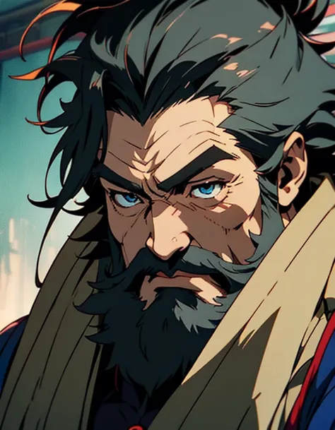 (High quality, Masterpiece, Japanese anime, 2D, beautiful eyes, Highly detailed background, 8k wallpaper, Highly detailed face) paternal uncle, Slightly plump body, Strong muscles, beard, Optimistic eyes, Shiny eyes, Blue eyes, Mature and steady, developed...