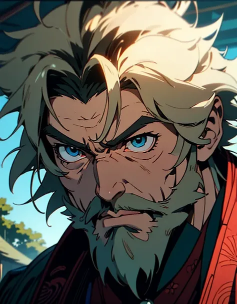 (High quality, Masterpiece, Japanese anime, 2D, beautiful eyes, Highly detailed background, 8k wallpaper, Highly detailed face) paternal uncle, Slightly plump body, Strong muscles, beard, Optimistic eyes, Shiny eyes, Blue eyes, Mature and steady, developed...