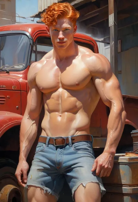 (1 ginger ((smiling)) crouching down checking the trucks engine at a mechanics shop in town ) XIX (Romanticism and Realism) Action: smiling Expression: gentle, happy, a gesture of wellcoming. Physical Characteristics: Young, Slender and muscular body, radi...