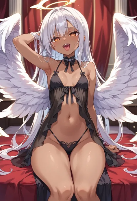 Score_9, score_8_up, 4k, 8k, detailed face, source_anime, smug angel girl with small breasts, pretty girl, thick thighs, white hair, long hair, fallen (black angel wings:1.5), black outfit, black babydoll, see-through outfit, inside heaven, wet tongue, moa...