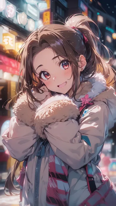 (Close-up of a woman)、Depiction of the upper body、30-year-old woman、smile、((ponytail、Brown Hair))、blush、(Please open your mouth a little、High resolution、16K))、Cute Winter Clothes、((Late night love hotel district、neon))