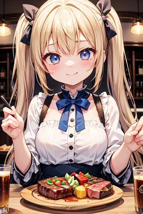 嬉しそうなsmile,eat a multi-layered steak,big steak,cola,highest quality,blonde with blue eyes、lolita、small breasts、twin tails、girl&#...