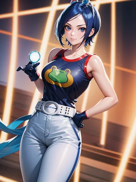 (at night), in a video game scene, a background of a beautiful city during the day raining, standing at attention, semi-short blue hair, blouse with an anime frog face, white flared pants, wearing blue fingerless exercise gloves, has round goggles on her h...