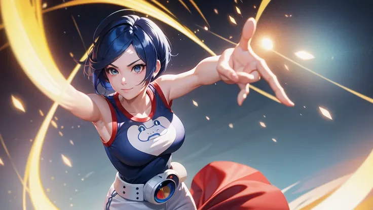 (at night), in a video game scene, a background of a beautiful city during the day raining, standing at attention, semi-short blue hair, blouse with an anime frog face, white flared pants, wearing blue fingerless exercise gloves, has round goggles on her h...