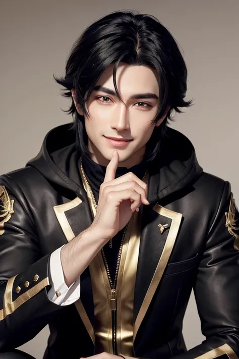 make a male character with black hair golden eyes with a sideways look smiling slightly with his hand on his chin