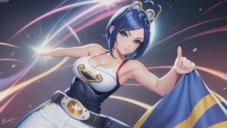 (at night), in a video game scene, a background of a beautiful city during the day raining, standing at attention, semi-short blue hair, blouse with an anime frog face, white flared pants, wearing blue fingerless exercise gloves, has round goggles on her h...