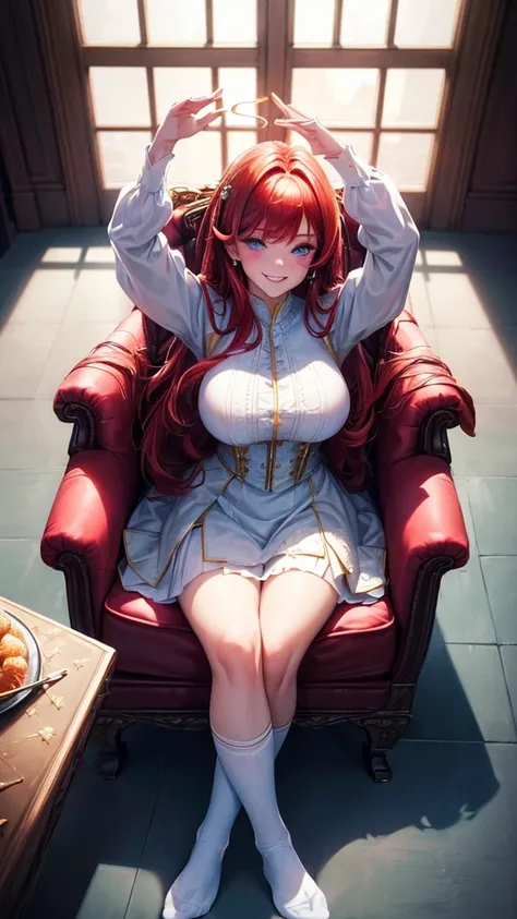  1 woman, (((((UHD))))), (((((masterpiece))))), ((((super detail)))), high details, ((((high quality)))), ((((best quality)))), (((highres))), ((((16k)))), ((Shadows)), ((bright red hair)), hair over shoulder, side swept bangs, (royal clothing), ((all whit...