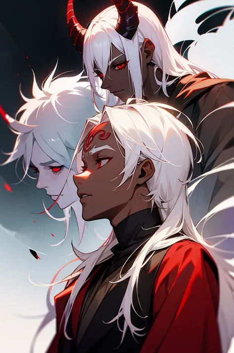 1male, white hair, dark skin, red eyes, neck tattoos, Demon horns