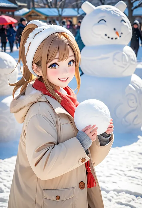 Highest quality、High resolution、Detailed Background、mysterious、Beautiful face in every detail、Highly detailed face、Teenage beauty、Huge breasts、Perfect body line、Light color hair、Bobcut、ponytail、cute仕草、Natural beauty、Sapporo Snow Festival、Snow sculpture、Fun...