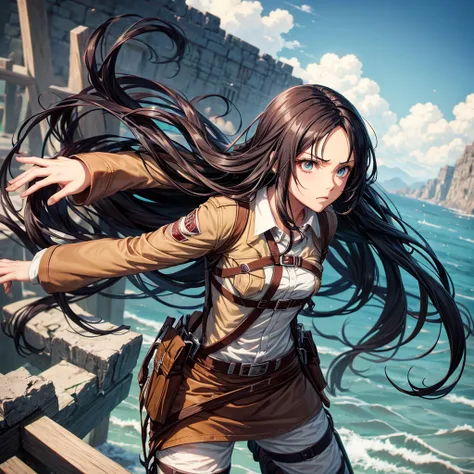 A character with long wavy black hair from Attack on Titan