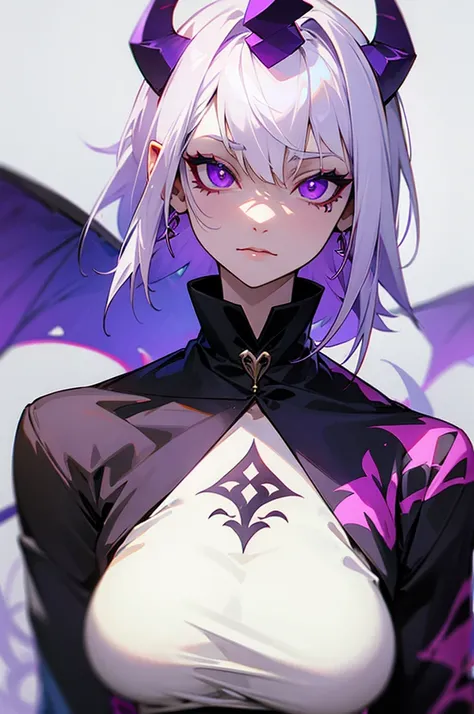 1female, white hair, purple eyes, neck tattoos, Demon horns
