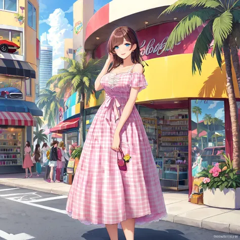 A girl is standing outside a perfume shop with a shopping bag. She is getting ready to get in the car., Pink and white C1 Corvette. She wears a pink and white plaid dress, and the background shows an urban scene from 80s California. There are palm trees an...