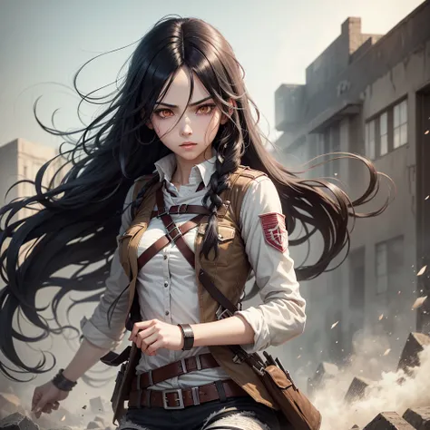 A character with long wavy black hair with white eyes from Attack on Titan