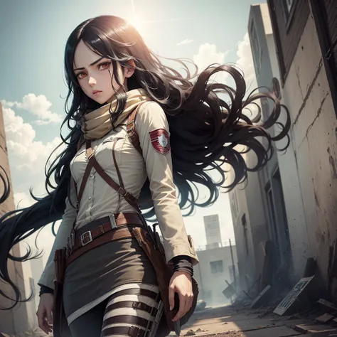 A character with long wavy black hair with white eyes from Attack on Titan