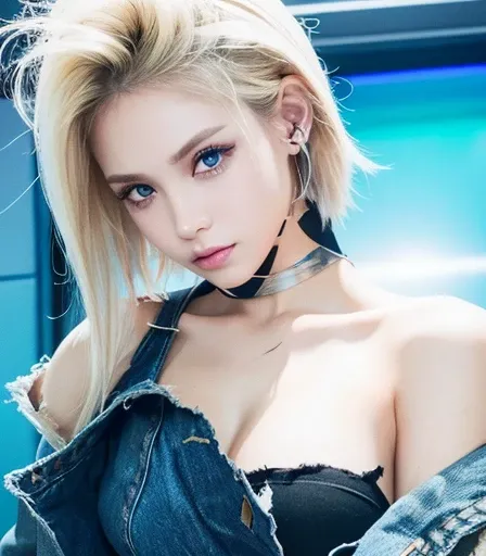 8k.Android18、Real、Beauty、Torn clothes、Torn black clothes、Ripped denim jacket、ruins、Blue glowing background、Blonde、Hime cut、Shortcuts、Bare shoulders、The upper breast is visible