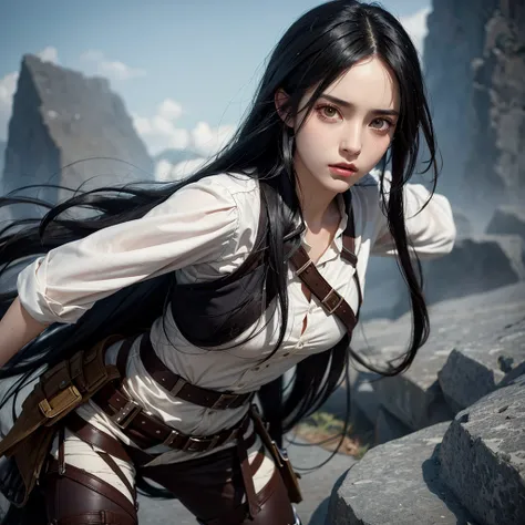 A character with long wavy black hair with white eyes from Attack on Titan (face image)