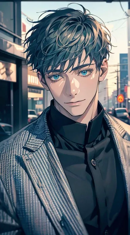 (Highest quality,4K,8K,High resolution,masterpiece:1.2),Super detailed,(Realistic,photoRealistic,photo-Realistic:1.37),1 person,34 years old,Mature Men,Beautiful skin、very handsome,Expressionless smile in love,Short blue hair,green eyes,Sharp Eyes,A perfec...