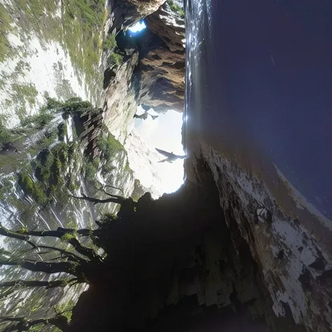 There is a bird flying on the wall, low camera angle at water level, Filmed with GoPro9, Becoming a pro footage, Ground-level camera view, Wide Establishing Shot, Standing in a cave, Lower waterfall, View from a little below, GoPro Shot, GoPro footage, Hig...