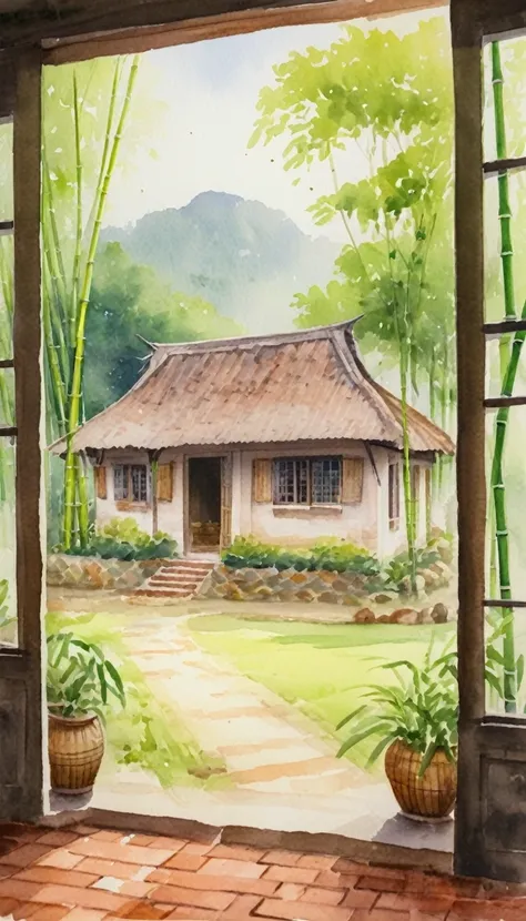 Watercolor Painting , 8k, ultra high res, sharp focus, A charming watercolor painting of a thatcher cottage nestled amidst a lush green landscape. Vietnam style, The cottage is adorned with bamboo pots and tables, while a brick floor adds rustic charm. Sof...