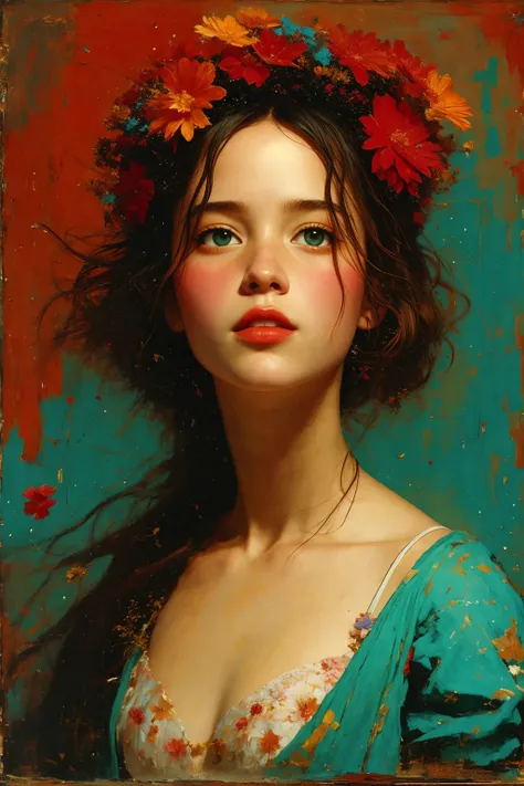 painting, flowers, small breast, soft light (masterpiece, best quality:1.2), (center composition, symmetry composition:0.5), red...