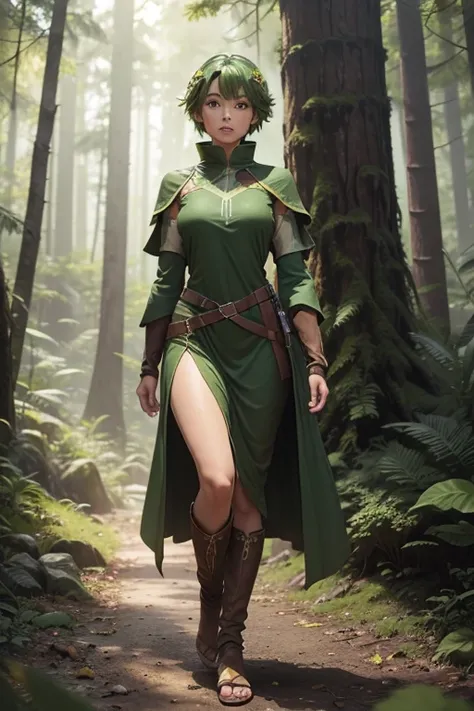 human based on earth type that lives in the forest but has green colored clothing and a full-body tunic type