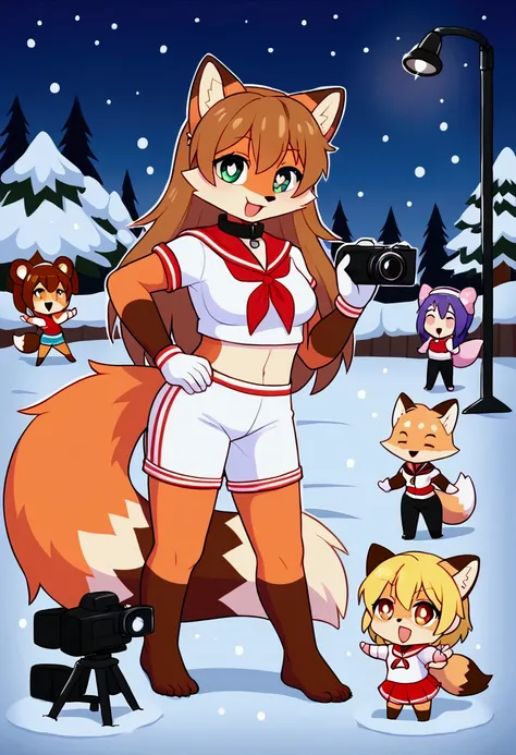 3girls, fox and tanuki, furry, bodyfur, tail, collar, sailor suit, short sleeves, jersey pants, long pants, white gloves, snow gloves, barefeet, chibi, sparkling eyes, full body, snow, camera, idol, singing, dancing