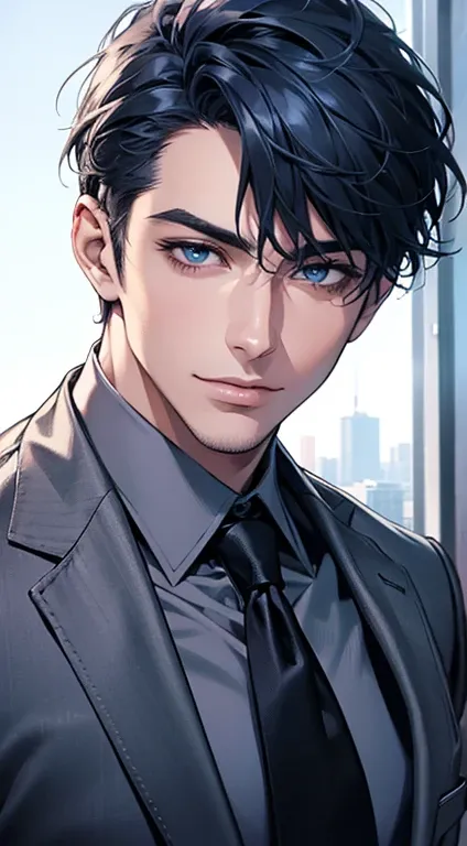 (best quality,4k,8k,highres,masterpiece:1.2),ultra-detailed,(realistic,photorealistic,photo-realistic:1.37),1 man,31 years old,mature man,very handsome,without expression,smile,short blue hair,blue eyes,penetrating gaze,perfect face without errors,imposing...