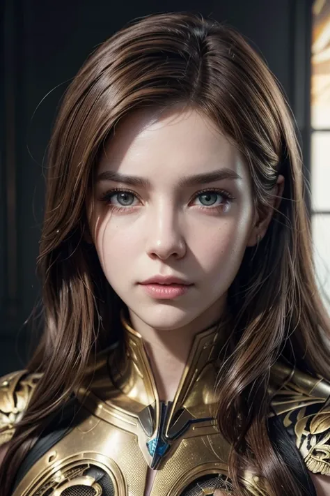 Portrait of a beautiful cyborg with brown hair 8k, intrikate, chic, highy detailed, majestic, digital photograph, art by artgerm and Ruan Jia and Greg Rutkowski, surreal painting, golden butterfly filigree, vidro quebrado, (work of art, sidelight, delicate...