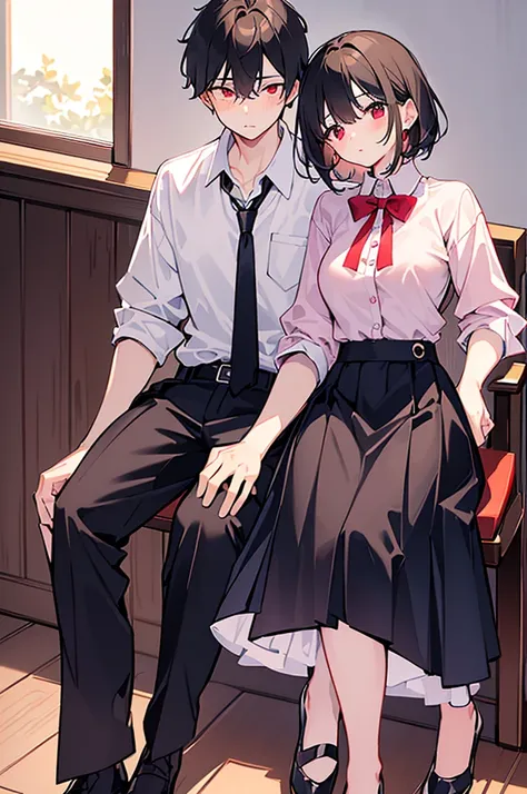 high quality　masterpiece　male and female couple　girl sitting on a chair，wearing a tight skirt，covered with shirt。the boy hugs fr...