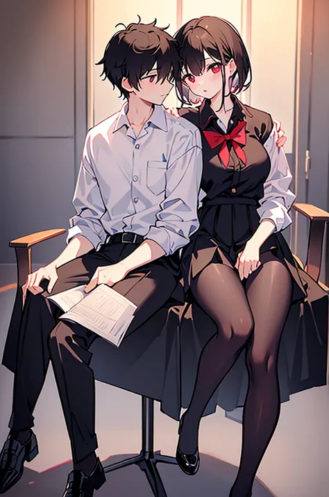 High quality　masterpiece　male and female couple　Girl sitting on a chair，Wearing a tight skirt，Covered with shirt。The boy hugs from behind。Wearing high school trousers uniform、Boy with short hair。Not wearing glasses、revenge, Hot Kids, Sexy babes, Good breas...