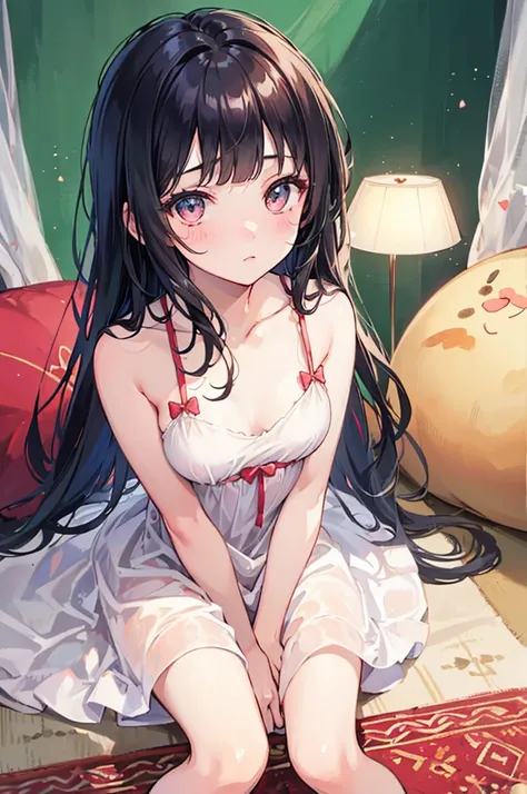 A girl with big ，Lovely daughter，blunt bangs, straight hair, long hair，Loli，Bow，clavicle，(Small dress)，weak，Well-behaved and cute，blush，Bright Light，Sitting on the living room carpet，Hot summer，