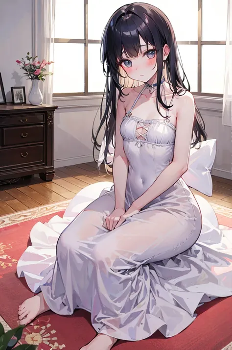 A woman with big ，Lovely daughter，blunt bangs, straight hair, long hair，Loli，Bow，clavicle，Large chest，(Small dress)，weak，Well-behaved and cute，blush，Bright Light，Sitting on the living room carpet，Hot summer，