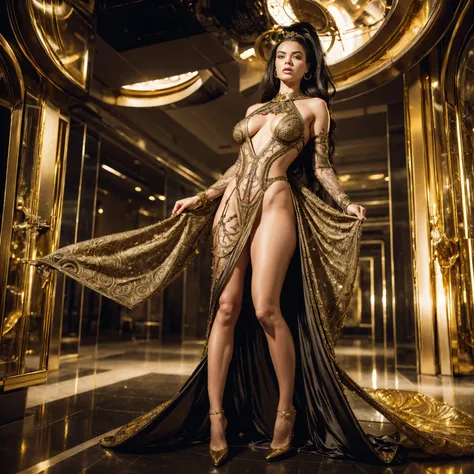 Naked woman dynamic pose, in transparent gold metal jewelry on whole body, by Dan Piraro, nude, long black hairs, (but extremely beautiful:1.4), large breasts, slim figure, wide hips, (intricate details, masterpiece, best quality:1.4) , in the style of nic...