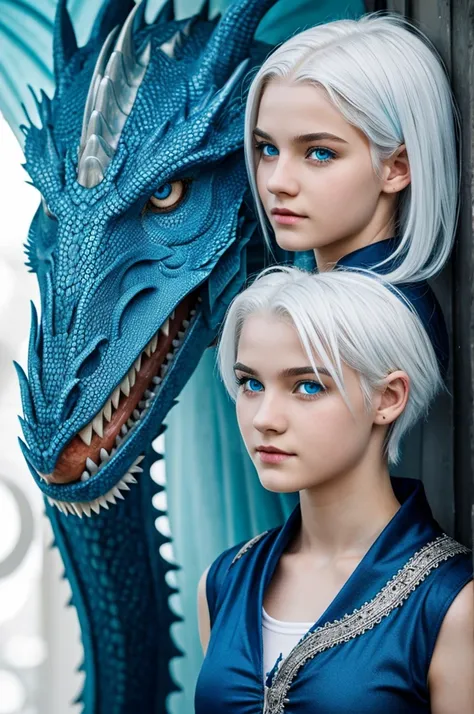 Girl with dragon features, 15 years old with white hair and blue eyes 