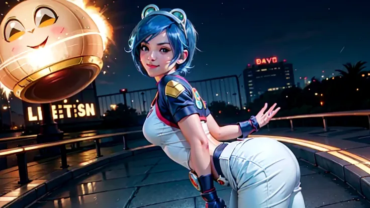 (at night), in a video game scene, a background of a beautiful city during the day raining, standing at attention, semi-short blue hair, blouse with an anime frog face, white flared pants, wearing blue fingerless exercise gloves, has round goggles on her h...