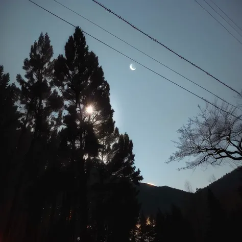 wood々Arabian style view of sunlight filtering through the trees and street lights, A ray of moon, Moon Backlight, There are two suns in the sky, There are two suns in the sky, (Moon in the background), Big moon on the right, forest and moon, Lens flare. Un...