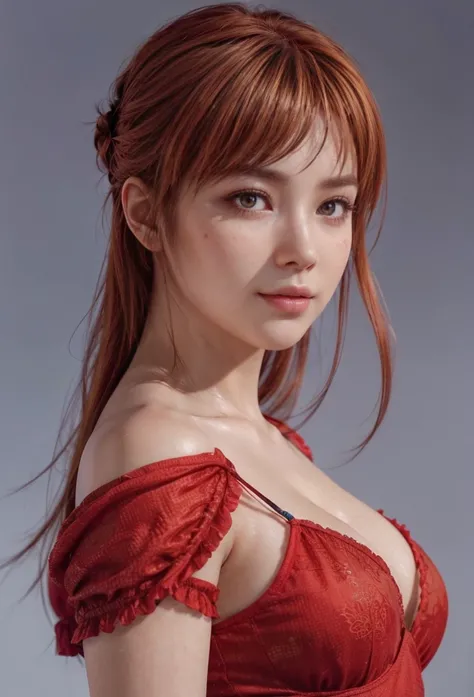 Kasumi, brown eyes, Red Hair, (best quality, ultra detail), (realistic:1.37), beautiful and detailed face, ultra-realistic texture, Delicate face, delicate body, red lipstick, bright colors. high definition, 8K. expression with a slight smile